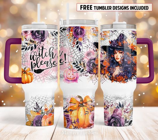 Discover Witch please 40oz Quencher tumbler sublimation design Halloween Flower pumpkin Spider net floral  Waterslide