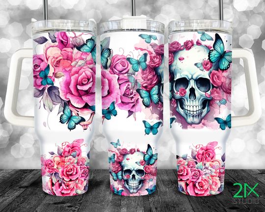 Discover 40 oz tumbler  Skulls and Butterflies 40oz Quencher Tumbler with Handle Halloween Sublimation