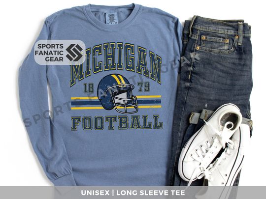 Discover Michigan Football Long Sleeve Comfort Colors Shirt, Vintage Retro Style Football Shirt, Game Day Apparel, College Gift for Football Fan