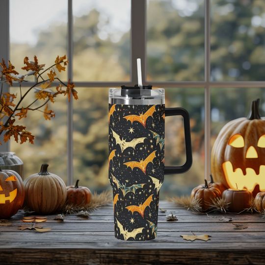 Discover Y2K Retro Bats 40oz Stainless Steel Tumbler With Handle Lid and Straw, Spooky Bat Halloween Drink Cup, Travel Tumbler, Fun Tumbler Gift