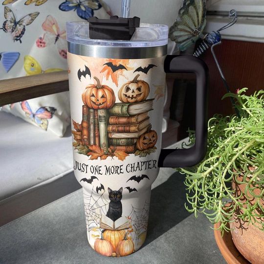Discover Just One More Chapter Cat and Books Tumbler 40oz, Halloween Bookish 40oz Tumbler, Funny Reader Stainless Steel Tumbler with Lid and Straw