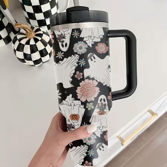Discover Pumpkin Flower Ghost Halloween Tumbler 40oz With Handle, Floral Ghost Tumbler, Boo Tumbler, Stainless Steel Tumbler, Insulated Tumbler