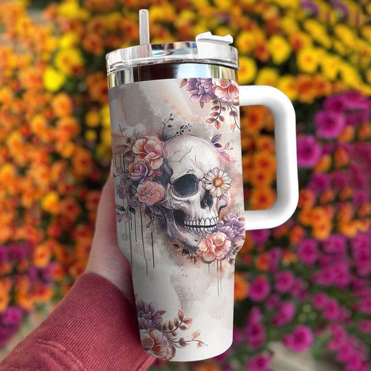 Discover Floral Skeleton 40oz Stainless Steel Tumbler With Handle Lid and Straw, Spooky Halloween Drink Cup, Travel Tumbler, Hak=lloween Skeleton
