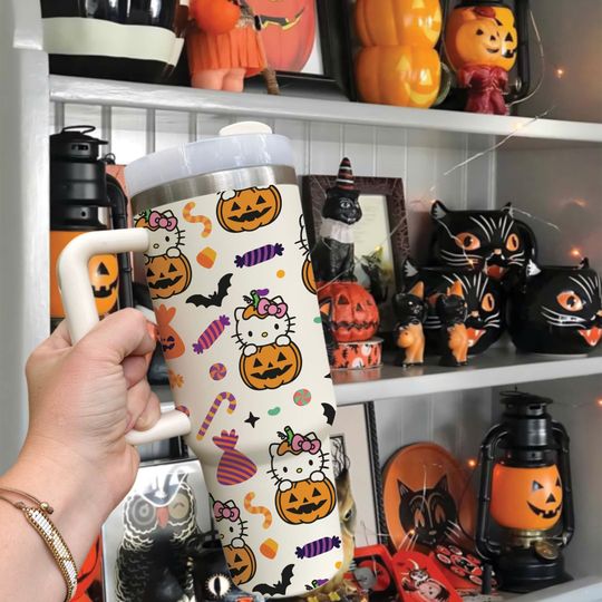 Discover Kitty Candy Halloween Tumbler 40oz, Hello Trick or Treat 40oz Tumbler, Spooky Kitty Tumbler with Straw, Halloween Insulated Water Bottle