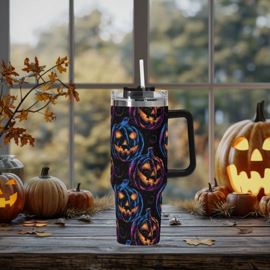 Discover Spooky Halloween 40oz Stainless Steel Tumbler With Handle Lid and Straw, Jack O Lantern Pumpkin Drink Cup, Travel Tumbler, Fun Tumbler Gift