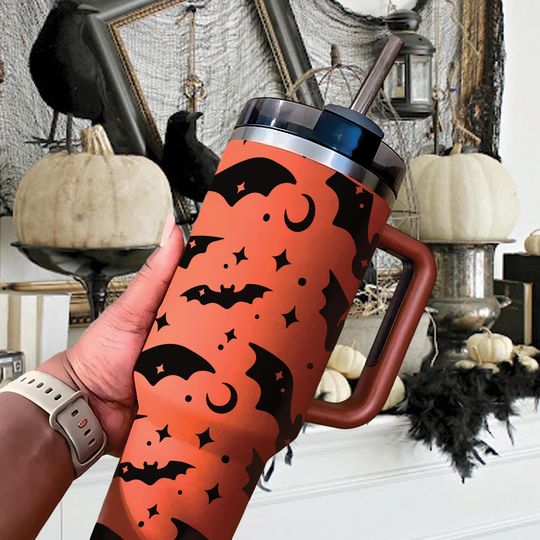 Discover Halloween Bat and Star 30oz/40oz Tumbler, Spooky Bat Halloween Stainless Steel Cup, Halloween Insulated Cup Gift, Spooky Star Moon Tumbler