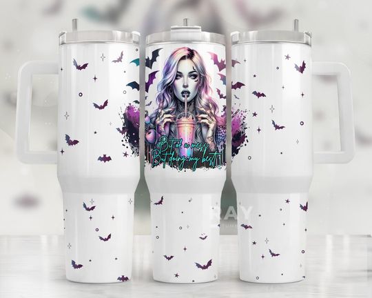Discover Bit Of a Mess Cute Halloween Spooky Season Cup Horror Tumbler 40oz Halloween Tumbler Halloween Gift For Her 40oz Tumbler with Lid and Straw