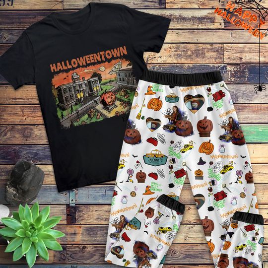 Halloweentown Horror Movie Pajamas Set, Halloween Pumpkin Pajamas Set, Retro Halloween Pajamas For Adult And Kids