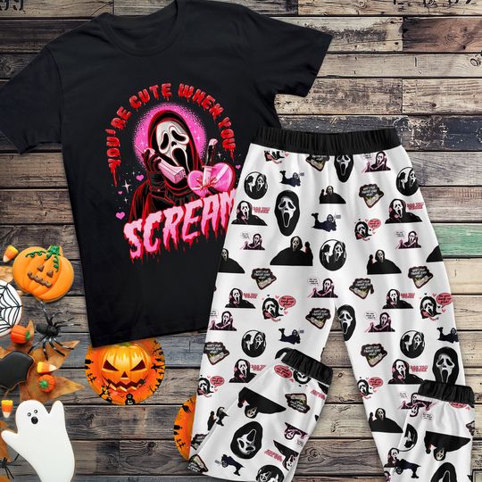 You're Cute When You Scream Halloween Pajamas Set, Ghostface Horror Movie Pajamas Set, Ghostface Pajamas For Adult And Kids