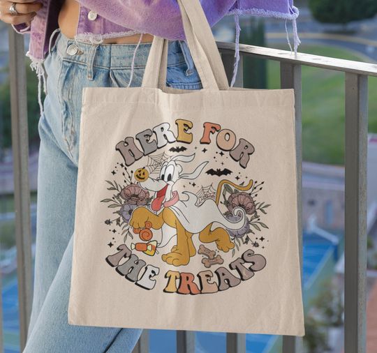 Discover Here for the Treats Pluto Halloween Cotton Canvas Tote Bag