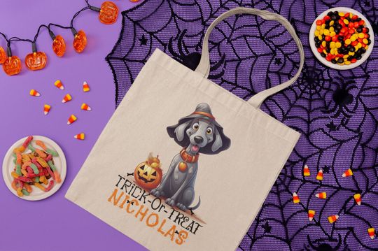 Discover Personalized Halloween Trick or Treat Bag, Weimaraner, Disney Dog, Dog Halloween, Pumpkin, Witch Hat, Halloween Candy, Kids Candy Bag, Tote