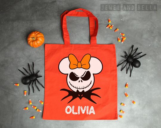Discover Jack Skellington Minnie Mouse Trick or Treat Tote, Mickey's Not So Scary Halloween Trick or Treat Bag, Personalized Trick or Treat Bag