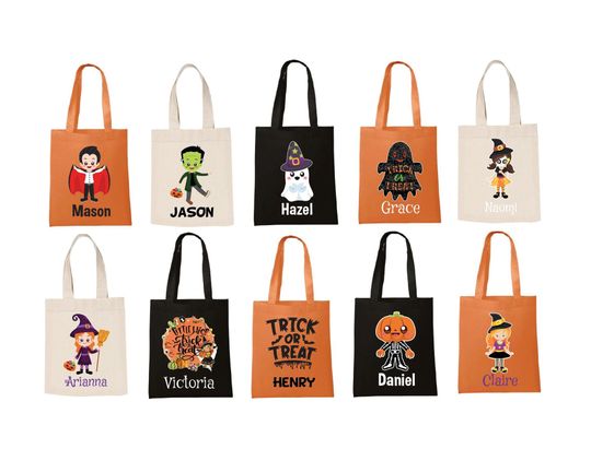 Discover Personalized Halloween Tote Treat or Treat Bag for Kids, Customized Trick or Treat bags, Halloween bags for kids, boy or girl candy bag