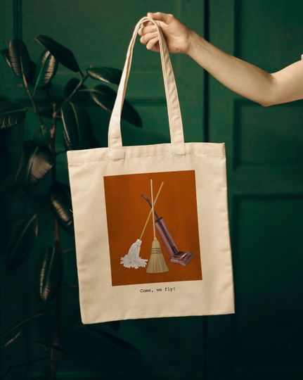 Discover Come we fly, Witches Broom, Mop, and Vacuum, Guess the Movie Quote, Halloween Cotton Canvas Tote Bag
