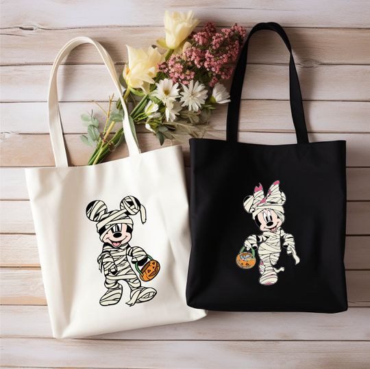Discover Mickey And Minnie Mummy Halloween Tote Bag, Personalized Disney Kids Shopping Candy Bag, Disney Mummy Tote bag, Disney Custom Name Tote Bags