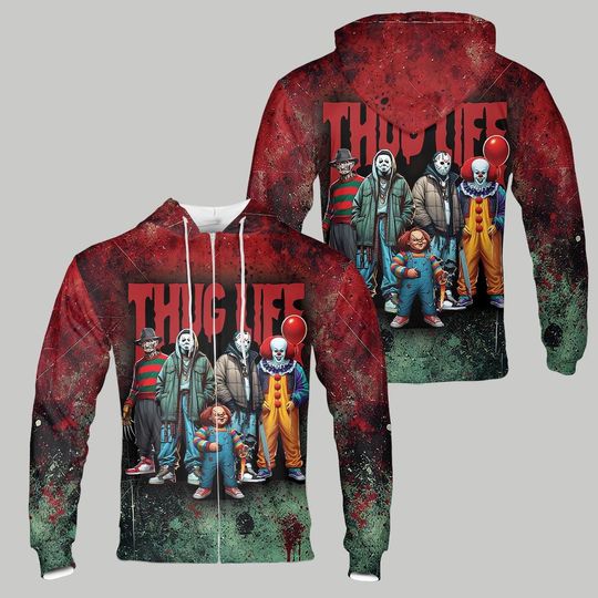Halloween Horror Thug Life Movie Characters 3D Hoodie, Spooky Season All Over Zip Hoodie, Horror Character Daily Life, Fall Halloween Hoodie
