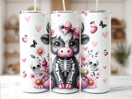 Coquette Halloween Tumbler Wrap, Cute Highland Cow Tumbler Sublimation 20oz Skinny Trendy Design Spooky Ghost  Halloween Skeleton
