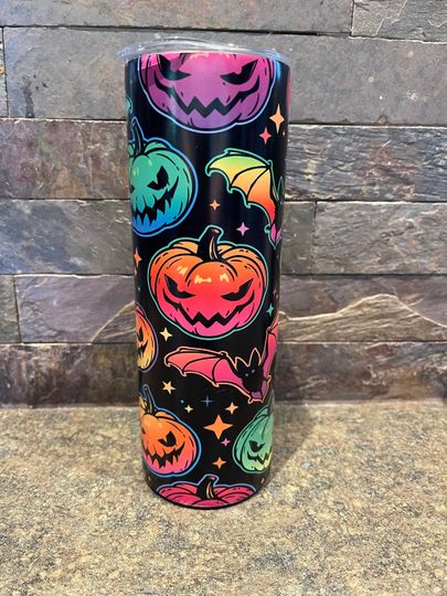 Discover Neon Pumpkin and Bats Glow in the dark 20oz tumbler, lid and straw, Halloween, fall, tumblers, cute tumblers, coffee tumbler, gifts, glow