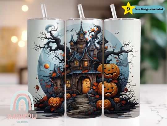 Haunted House Tumbler Wrap, Halloween Tumbler Design, Sublimation Tumbler, Design  - Skinny 20oz Tumbler Wrap