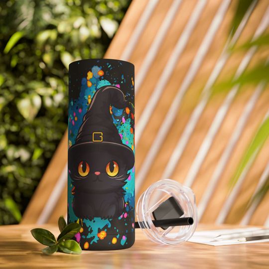 Discover Halloween cat, Halloween black cat, black cat, cute Halloween cat tumbler, cute Halloween tumblers, Maars Maker Skinny Matte Tumbler, 20oz