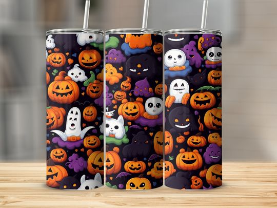Discover Halloween cute ghost pumpkin bats 20 oz Skinny Tumbler Sublimation Design, Straight & Tapered Tumbler Wrap, Instant