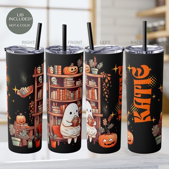 Discover Spooky Bookish Tumbler with Ghost Custom Tumbler with Straw Book Lover Gift Travel Tumbler Reading Ghost Iced Coffee Cup Reader Gift Gothic