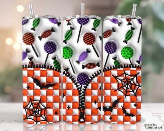 Discover 3D Halloween Candy Inflated Tumbler  , Zipper Puffy Retro Checkered 20oz Tumbler Sublimation Design, Fall Spooky Straight Tumbler