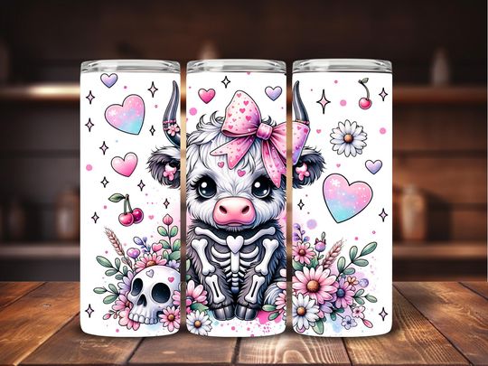 Highland Cow Halloween Tumbler, Skeleton Highland Cow, 20oz Halloween Tumbler with lid, Cute