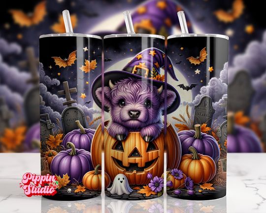 Highland Cow Halloween Tumbler Wrap 20oz - Cowl Sublimation Design - Halloween Sublimation -  Highland Cow
