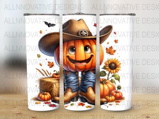 Discover Cowboy Sheriff Pumpkin Tumbler Wrap, 20 oz Skinny Straight & Tapered Wraps,  , Halloween Fall Design with Ghost and Sunflower, Sublimation