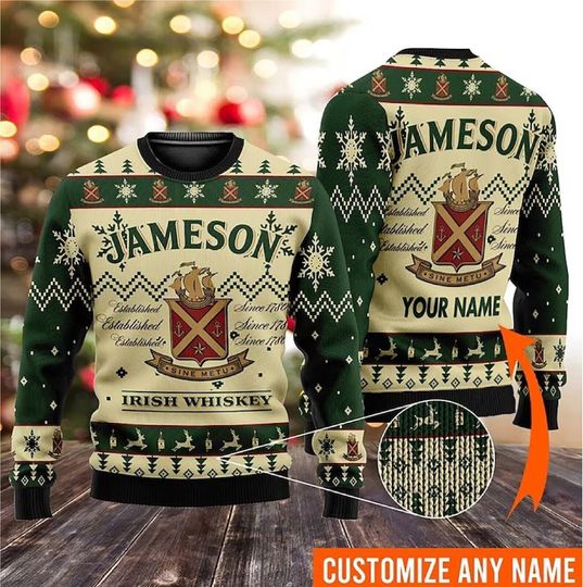 Discover Personalized Jameson Irish Whiskey Ugly Christmas Sweater, Custom Ugly Knitted Christmas Sweater, Christmas 3D Print Ugly Sweater Gifts