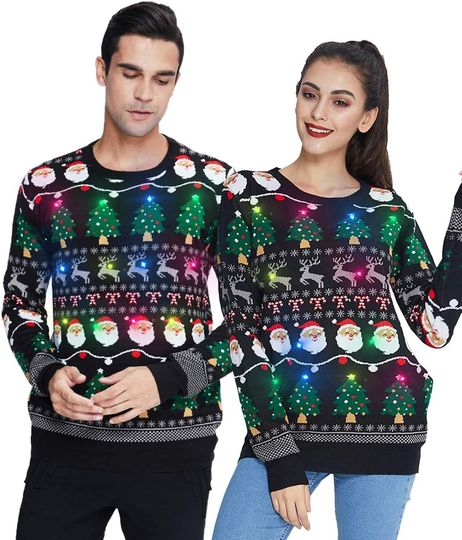 Discover Idgreatim Men Women LED Ugly Christmas Sweaters Funny Pullover Long Sleeve Knitted Xmas Sweater Jumper S-XXL