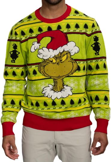 funny character Head Santa Hat Wreath Snowflakes Ugly Christmas Sweater