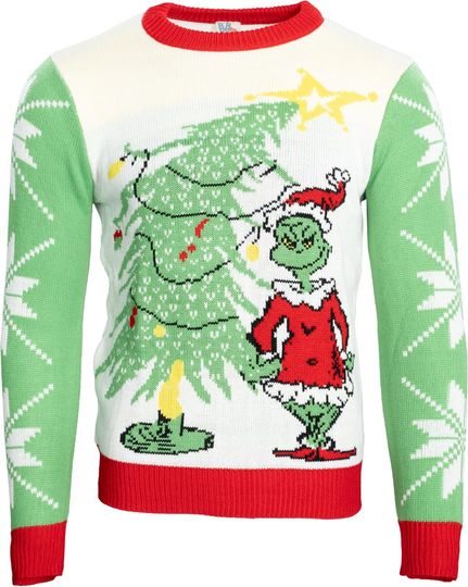 Discover Seuss Geisel funny character As Santa Next to Tree Adult Off-White Ugly Christmas Sweater