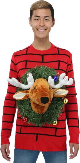 Discover Reindeer Head in Wreath 3D Ugly Christmas Sweater for Adults, Funny Holiday Xmas Sweaters, Festive Knit Crewneck