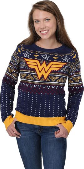 Adult DC Comics Navy Blue Wonder Woman Ugly Christmas Sweater, Superhero Themed Holiday Sweaters for Men & Women