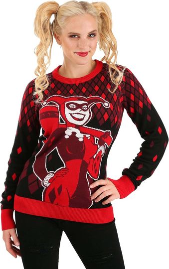 Harley Quinn Ugly Christmas Sweater for Women, DC Comics Superhero Ugly Xmas Sweaters, Red Holiday Crewneck