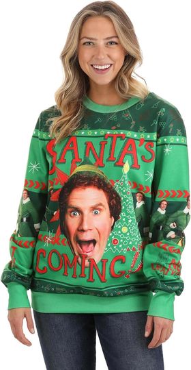 Buddy The Elf Christmas Sweater, Santa's Coming Green Ugly Christmas Sweater from Elf Movie