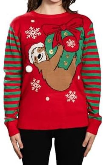 Discover Sloth Santa Hat Hanging on Gift Ball Ornament Wreath Womens Ugly Christmas Sweater