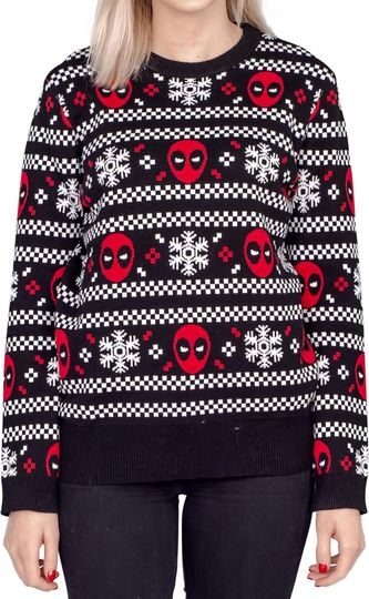 Discover Deadpool Holiday Snowflakes Stripes Long Sleeve Ugly Christmas Sweater