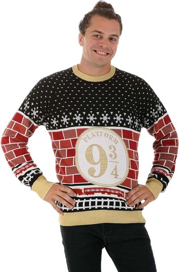 Fun Costumes Harry Potter Platform 9 3/4 Ugly Sweater for Adults, Harry Potter Christmas Sweater, Knitted Holiday Crewneck