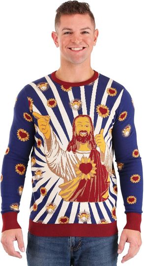 Discover Jay & Silent Bob Buddy Christ Ugly Christmas Sweater for Adults, Knit Crewneck Buddy Jesus Pullover Funny Sweaters