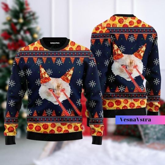 Discover Pizza Cat With Laser Eyes Christmas Sweater, Christmas Cat Shirt, Christmas Pizza Shirt, Meowy Christmas Sweater, Cat Ugly Sweater