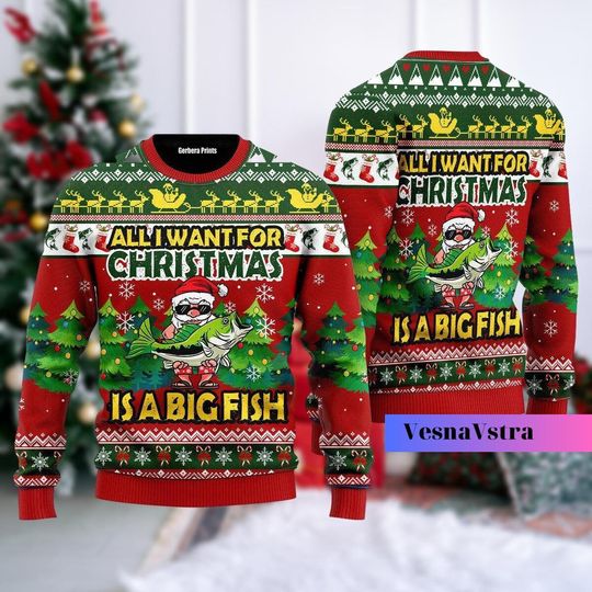 Christmas Is A Big Fish Sweater, Christmas Santa Fishing Sweater, Fish Ugly Sweater, Funny Fish Sweater, Merry Fishmas Ugly Sweater