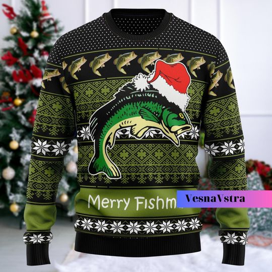 Fishing Ugly Christmas Sweater, Merry Fishmas Sweater, Fish Xmas Sweater, Gift For Fisherman, Sweater Men, Fisherman Christmas Gift