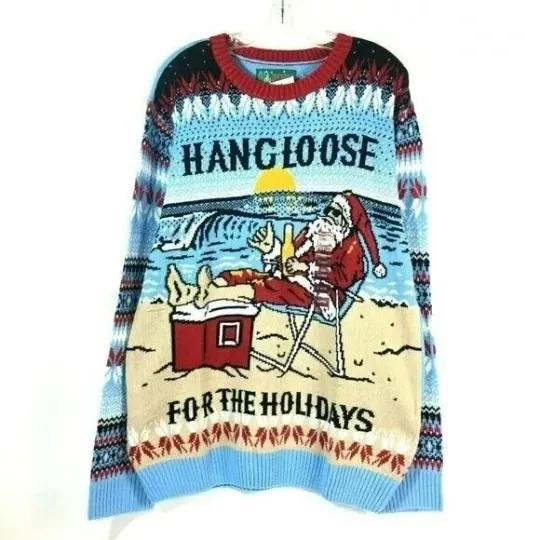 Discover Ugly Christmas Sweater Santa On Beach HANGLOOSE FOR THE HOLIDAYS Mens XL Blue