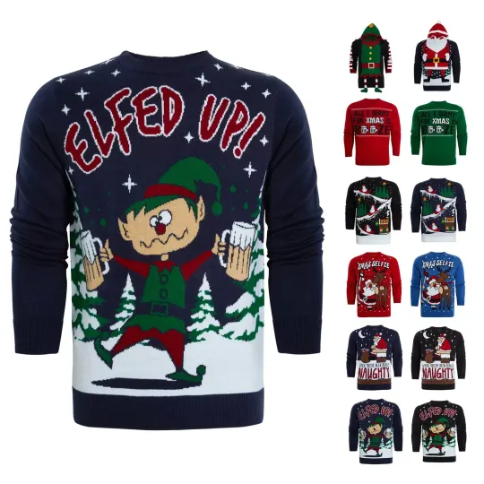 Mens Slogan Ugly Xmas Novelty PUB HOODY FESTIVE Christmas Jumper Knitwear Top
