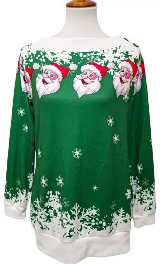 NEW ZAFUL Womens Ugly Christmas Sweater SANTA CLAUS Green Off Shoulder Size XXL