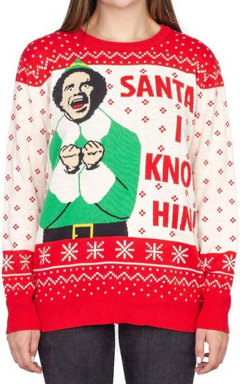 RIPP JUNC Elf Buddy Santa I Know Him Pattern Adult Ugly Christmas Sweater