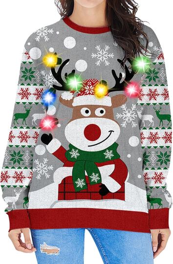 Discover Fanient Women LED Light Up Ugly Christmas Sweater Snowflake Reindeer Xmas Sweater Built-in Light Bulbs Knitted Pullover
